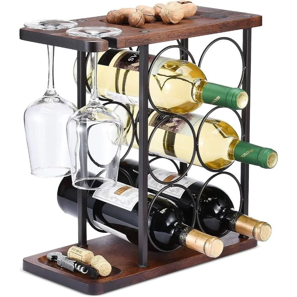 Allcener Wine Rack w/Glass Holder, Countertop Wood Rack w/ Tray 13.5